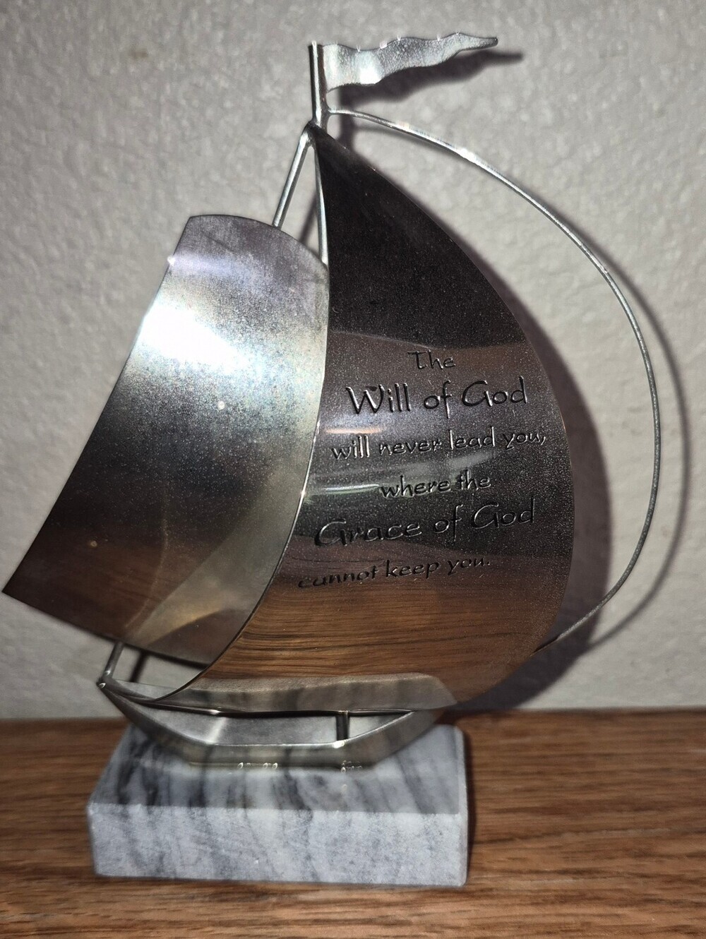 Vintage Metal Sailboat sculpture Paperweight W/ Scripture